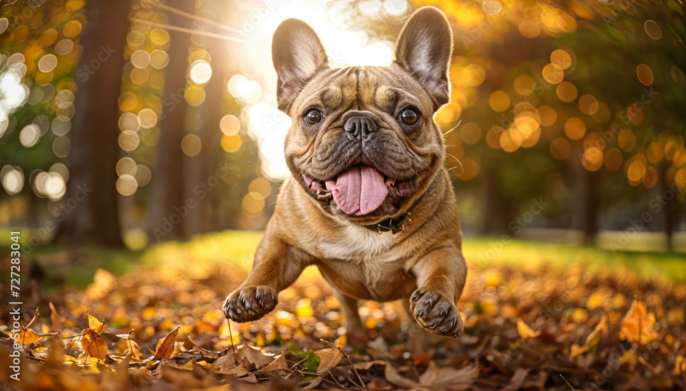 Cute french bulldog running in the autumn park and looking at the camera
