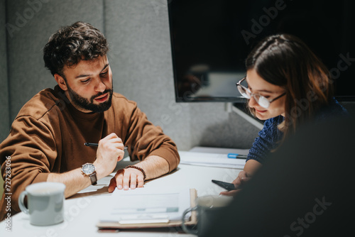 Φωτογραφία Two young people in casual attire are deeply focused during a collaborative discussion at an office table, indicating teamwork and strategy