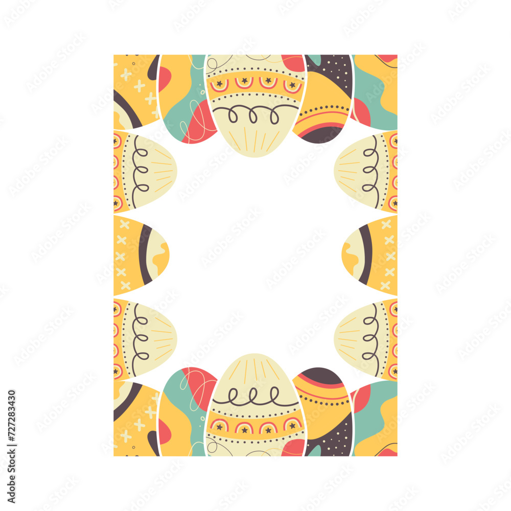Easter egg rectangle frame design. Easter holiday egg hunt border in colorful flat style with stylish ornaments. Retro wreath. Stock vector illustration card