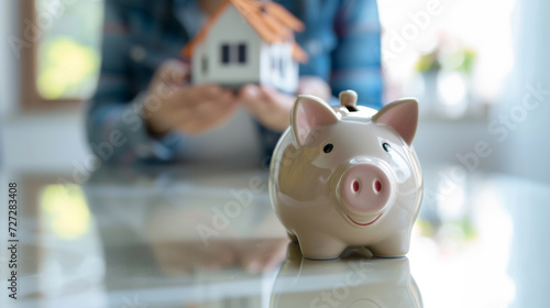 person is holding a piggy bank with a small wooden house on top, symbolizing savings for housing