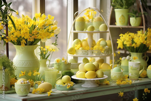 Easter yellow decor with painted yellow eggs in interior