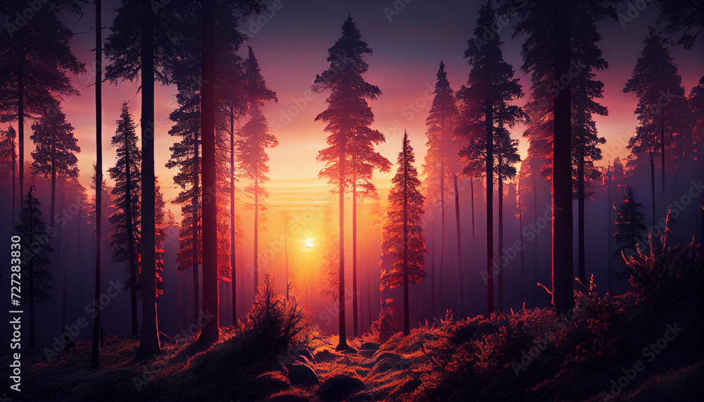 Sunrise in the forest mountain, Ai generated image Sunrise in the forest mountain, Ai generated image