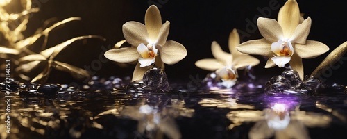 there are three orchids in a vase with water on the table © Lau Chi Fung