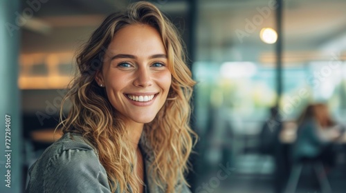 Realistic depiction of a woman in a corporate office environment, smiling confidently during a discussion in a meeting room 