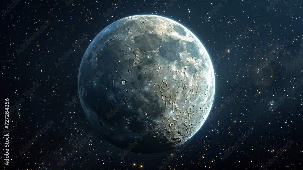 Realistic depiction of the Moon, Earth's natural satellite, showcasing its surface and craters from a detailed perspective Generative AI