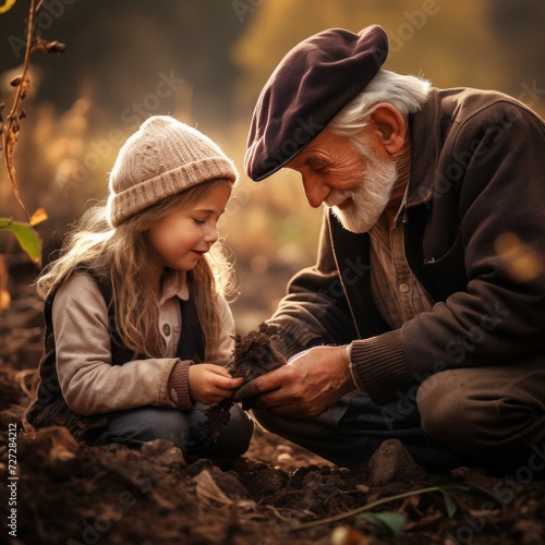 Small girl with senior grandfather in the backyard garden, gardening. Grandfather gardening and teaching granddaughter take care plant indoors photo