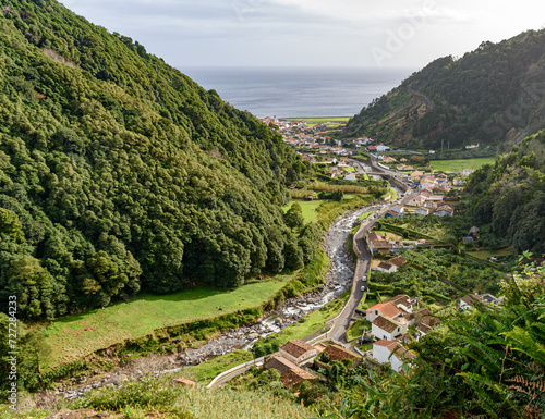 Panoramic view of the small town Faial da Terra along the south coastline of Sao Miguel island, in the Azores archipelago