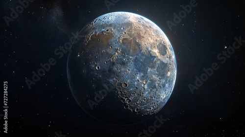 Realistic depiction of the Moon, displaying its surface details and crater formations from a high-resolution angle Generative AI
