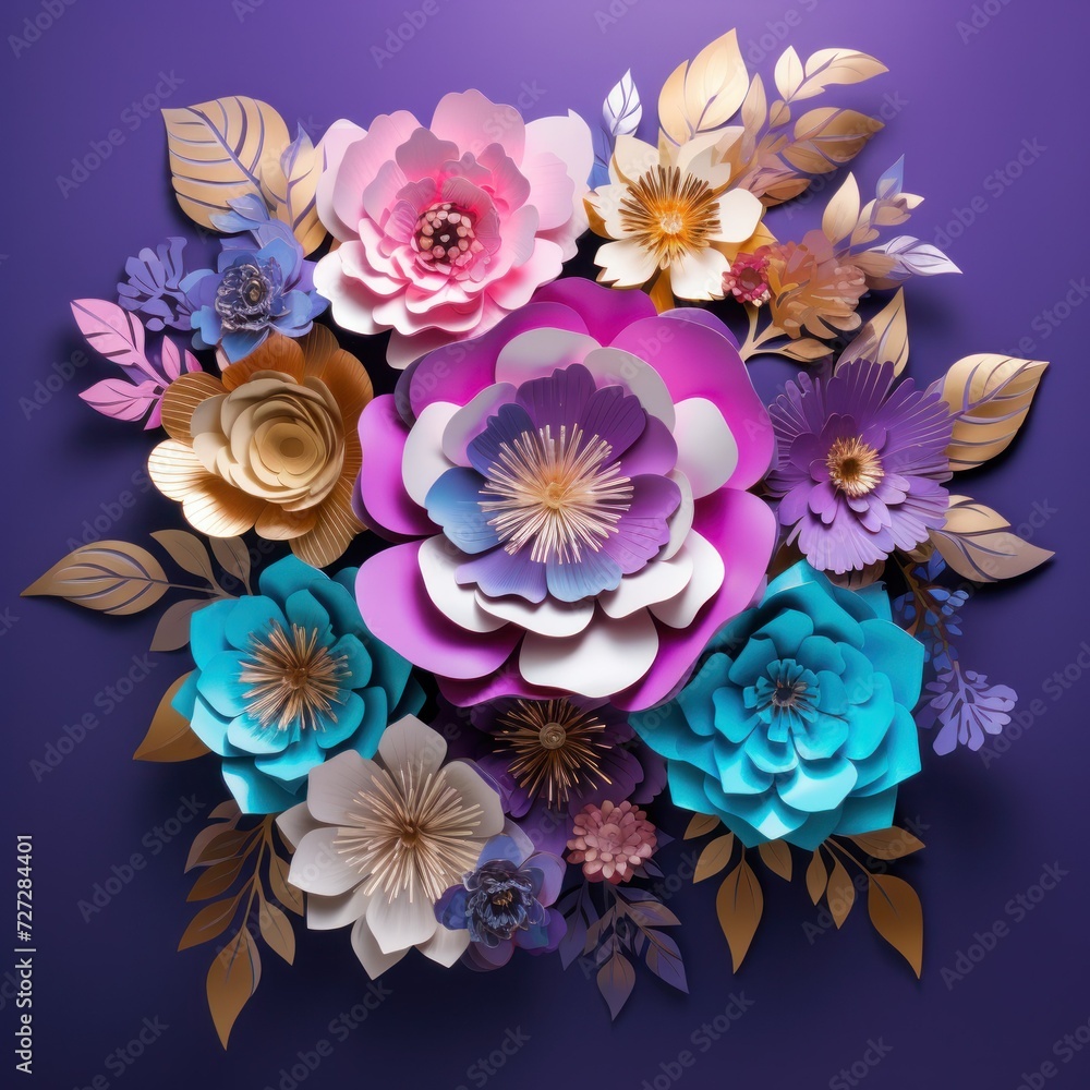 Paper cut floral composition. Flower paper craft style. Mother's day. Women's day. Botanical 8 March. Happy holidays, Greetings, Invitation banner. Pink, blue, purple colors. Paper cut floral composition. Flower paper craft style. Mother's day. Women's day. Botanical 8 March. Happy holidays, Greetings, Invitation banner. Pink, blue, purple colors.