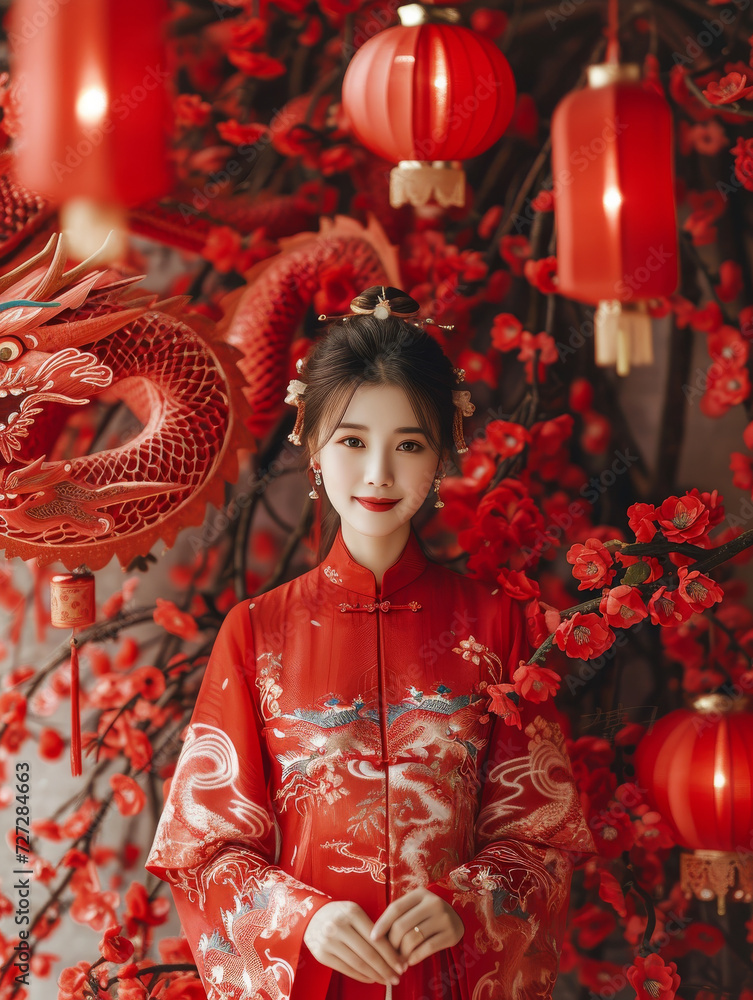 Young Girl in Red with Chinese New Year Decorations.
A child celebrates Chinese New Year amidst festive decor.