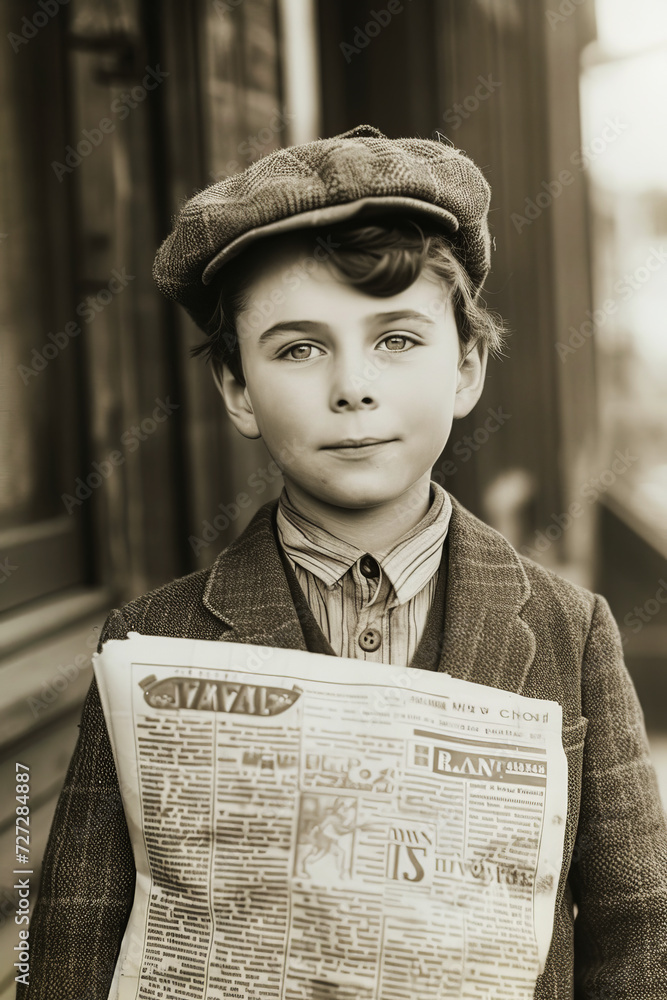 Vintage Styled Boy Holding a Classic Newspaper. A boy in vintage attire ...