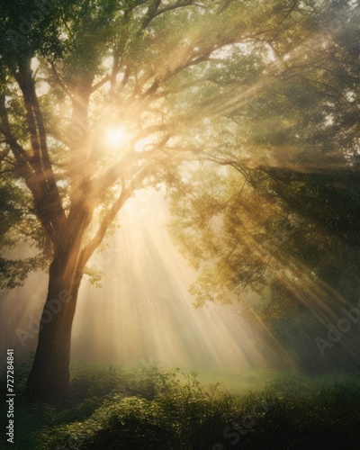 sunlight shines through the trees