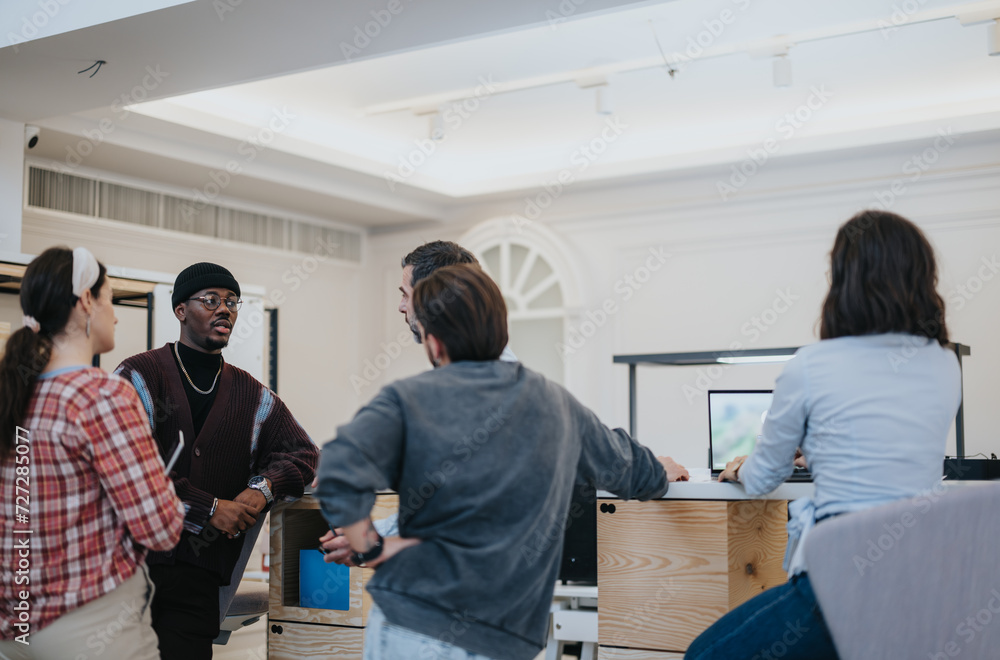 Diverse group of professionals engaged in a lively brainstorming session around a shared workspace in a contemporary office. Diverse group of professionals engaged in a lively brainstorming session around a shared workspace in a contemporary office.