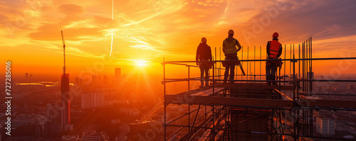  Back view of a construction worker in safety gear at a site against the backdrop of a glowing sunset, Construction Site , labor day concept , heavy industry factory with good welfare concept 