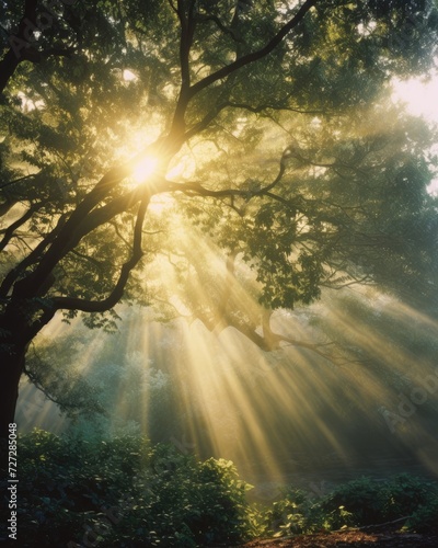 sunlight shines through the trees