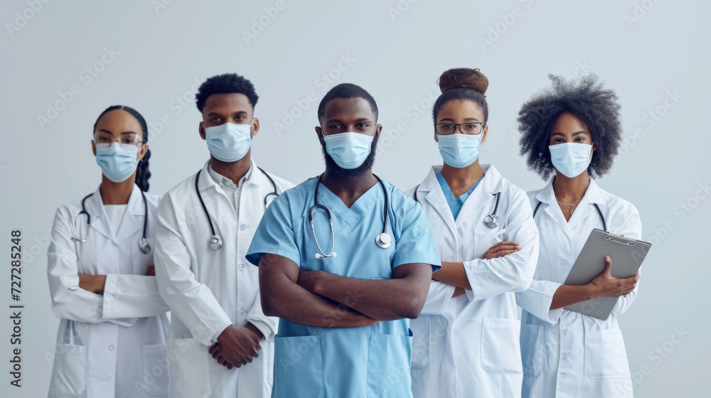 group of healthcare professionals in scrubs and protective masks are standing confidently group of healthcare professionals in scrubs and protective masks are standing confidently