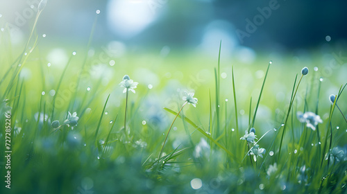 Beautiful gentle spring landscape, dew on grass on natural background. spring background with some wild flowers