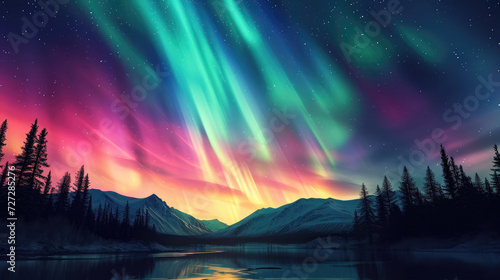 Beautiful night sky with colourful northern lights. Polar aurora  natural effect