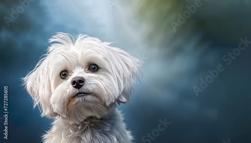 Cute Maltese dog on a dark blue background with copy space white furry dog with blue eyes and a black nose with blue background