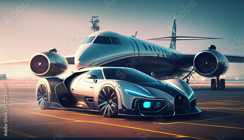 Super bike and private jet on landing strip. Business class service at the airport, Ai generated image