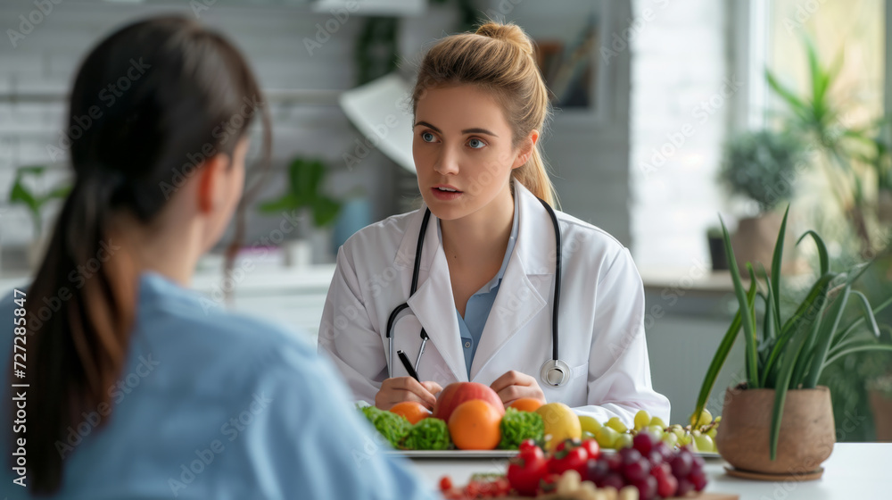 focused female doctor discussing nutrition with a patient, with fresh fruits and vegetables on the table
