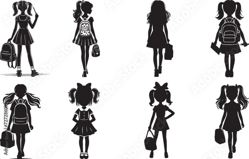Back To School Girl Silhouette, Girl Student Silhouette Isolated On White Background, SchoolGirl With A Backpack