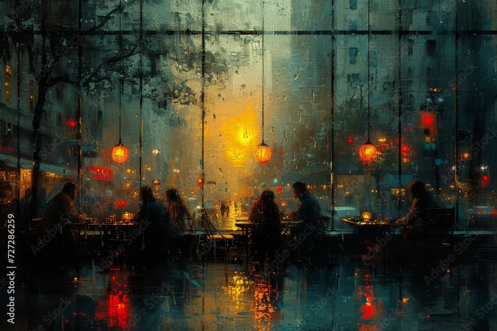 Amidst the pouring rain, a group of artists gather under the street lights, their easels and canvases reflecting the city's vibrant energy as they capture its essence in their paintings