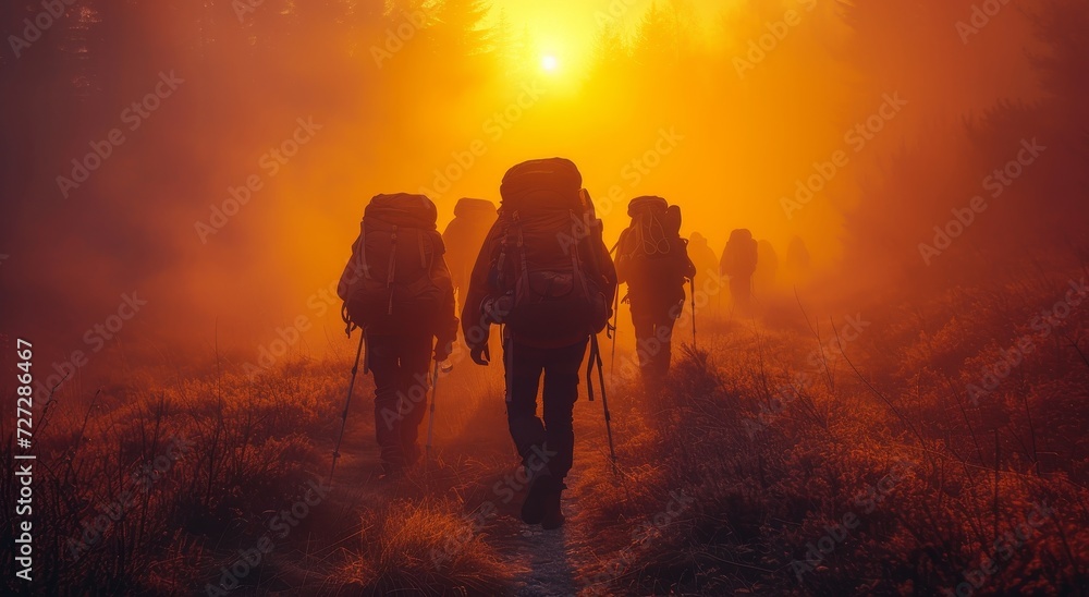 A determined group braves the thick fog and scorching heat as they trek through the untamed wilderness, their backpacks loaded with essentials for their journey ahead - obrazy, fototapety, plakaty 