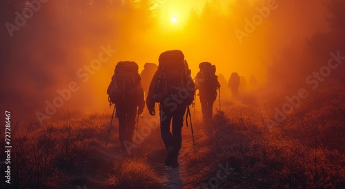 A determined group braves the thick fog and scorching heat as they trek through the untamed wilderness, their backpacks loaded with essentials for their journey ahead photo