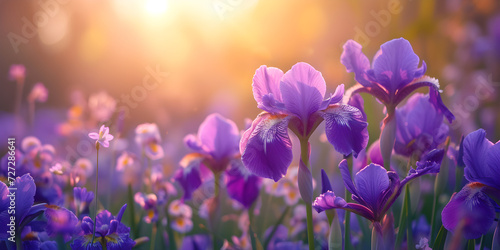 Purple iris flowers and wildflowers in a field  beautiful floral background for greeting cards for various occasions.