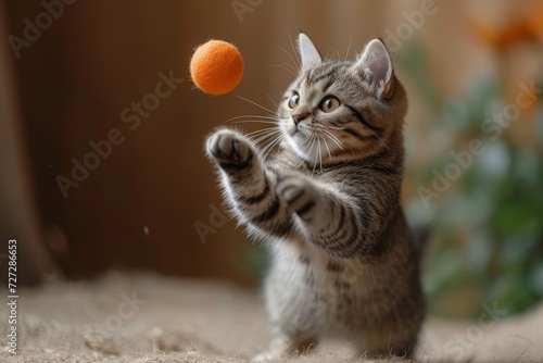A lively kitten with vibrant orange fur eagerly pounces on a toy ball, its playful whiskers twitching in excitement as it showcases its natural instincts as a domestic felidae photo