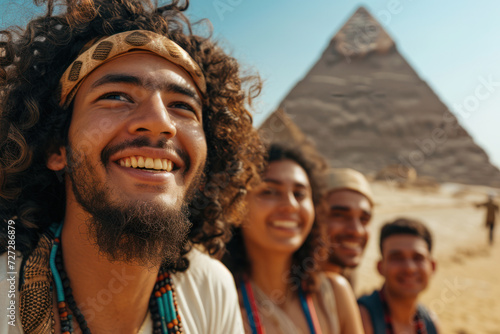 Group of cheerful friends enjoying sightseeing trip to Pyramids. Travel and adventure. © Postproduction