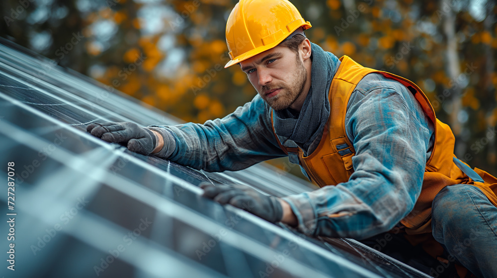 technician installing solar panel on the roof technician installing solar panel on the roof