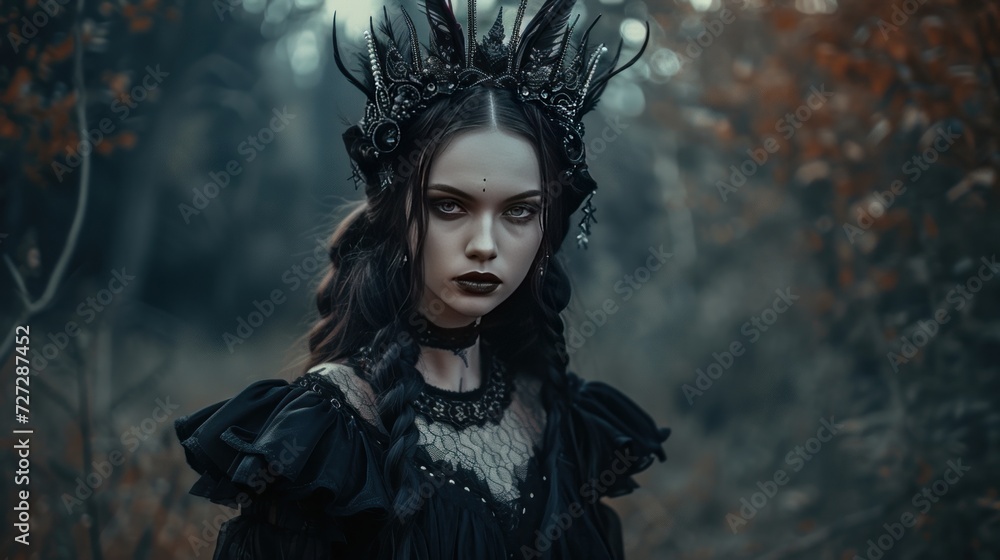 Beautiful female character in gothic black dress with evil concept AI generated image