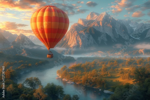 Experience the tranquil beauty of nature as a colorful hot air balloon gracefully floats above a serene river  with the majestic mountains and breathtaking sunrise sunset sky as its backdrop