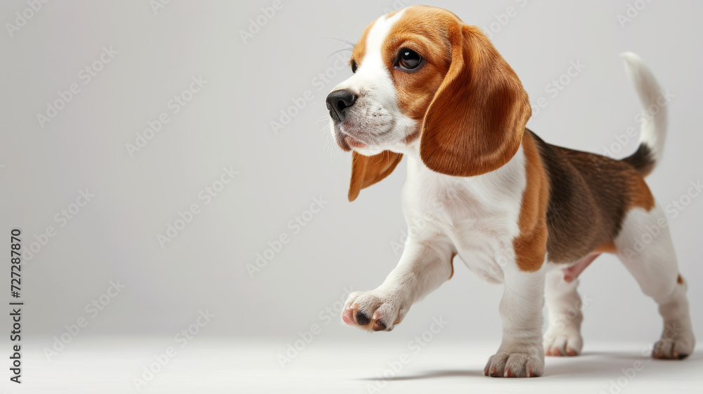 young beagle dog in mid-stride, looking to the side with a white background