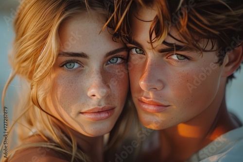 A sun-kissed surfer girl with piercing brown eyes and a captivating smile strikes a pose, capturing the essence of youth and adventure in a single portrait