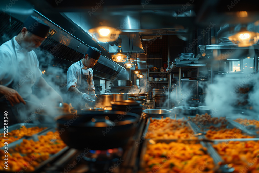Asian cooks working in a large kitchen of an Asian food restaurant Asian cooks working in a large kitchen of an Asian food restaurant