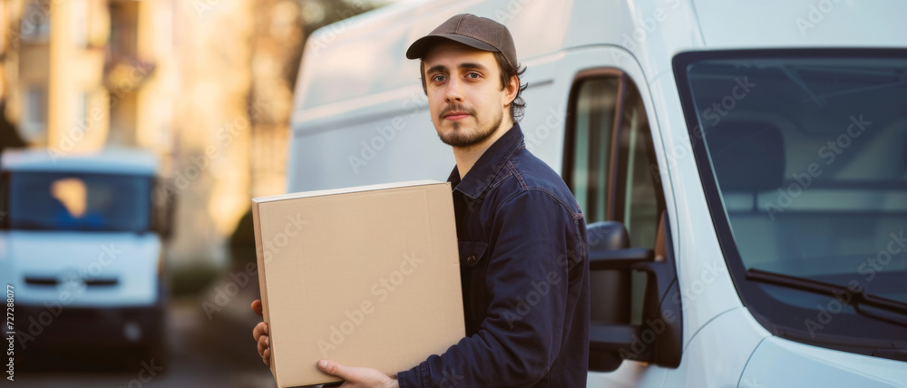 Delivery man with a parcel by a van, ready to provide prompt service Delivery man with a parcel by a van, ready to provide prompt service
