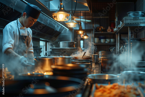 Asian cooks working in a large kitchen of an Asian food restaurant