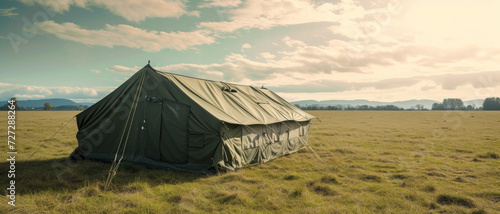 Military tent in an open field under a vast sky, evoking solitude and readiness photo