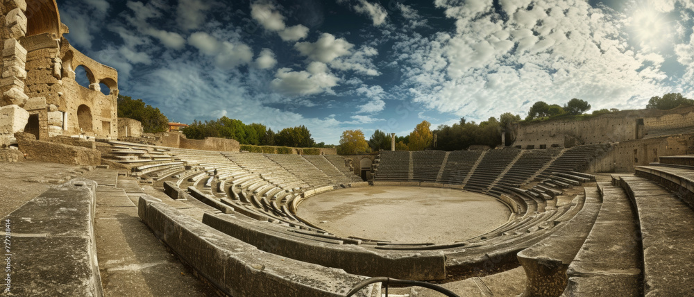 Ancient amphitheater basks in sunlight, a testament to historical grandeur and culture