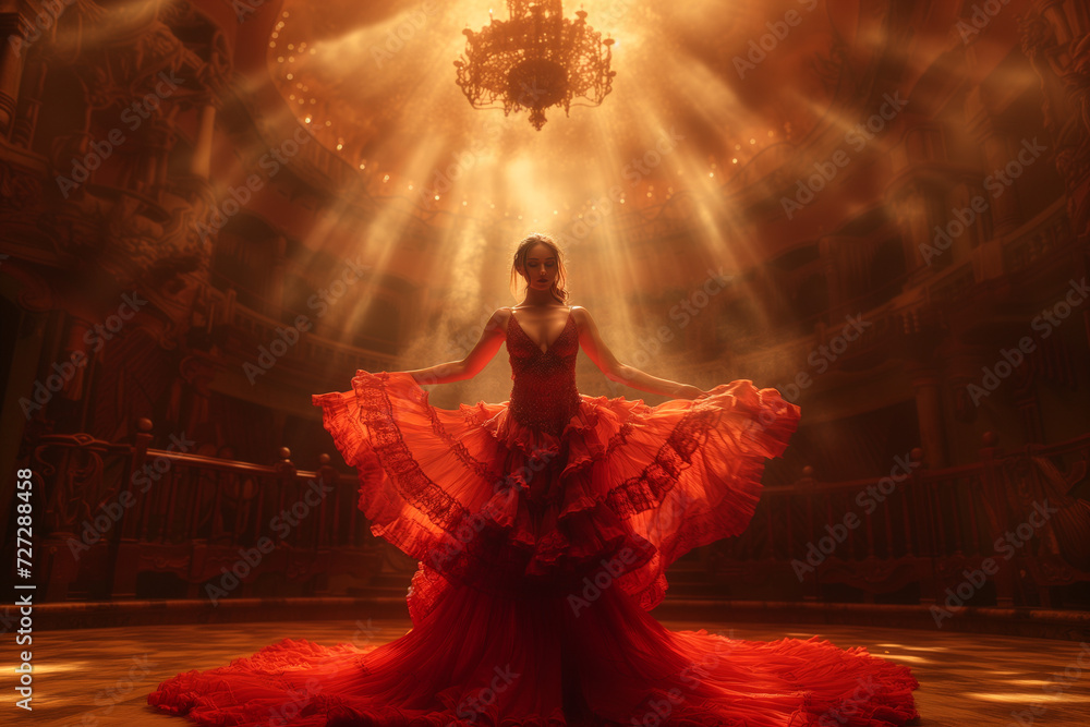 Portrait of a female flamenco dancer performing on stage