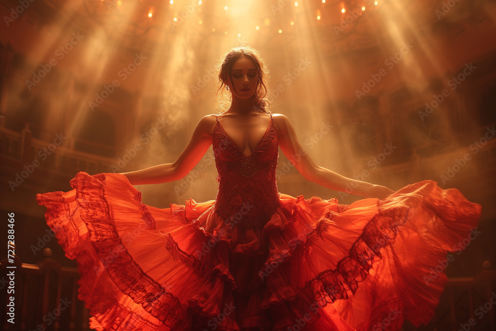 Fototapeta premium Portrait of a female flamenco dancer performing on stage