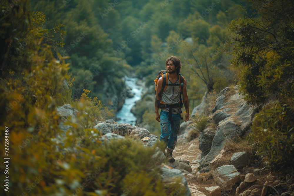 Backpacker hiker walking through a Mediterranean forest in summer. Adventure vacation image