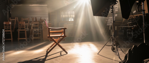 A lone director's chair under a dramatic spotlight, evoking anticipation for the creative process