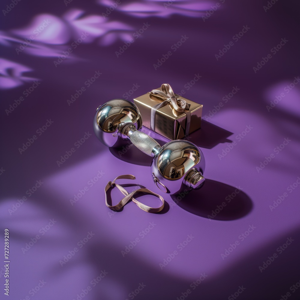 Metal dumbbell and gift on purple background. Sport gift with bow and ribbon. Advertisement of sporting goods store. Image for blogger, advertising campaign, post, banner or billboard. Social media Metal dumbbell and gift on purple background. Sport gift with bow and ribbon. Advertisement of sporting goods store. Image for blogger, advertising campaign, post, banner or billboard. Social media