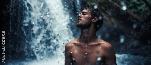 A man immersed in nature  rejuvenated by the refreshing spray of a waterfall