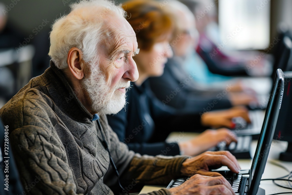 Computer lessons for elderly people in a nursing home. Group of seniors ...