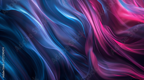  Blue and Pink Abstract, Wavy Lines in Luxurious Fabrics. Glowing Colors Blend Realism with Fantasy. Masterful Use of Light and Color in Dark Violet and Dark Red Palette